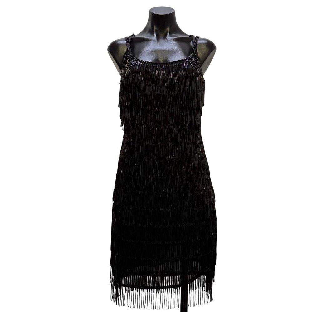 J Harris Black Beaded Fringe Cocktail Dress Vintage Design XS